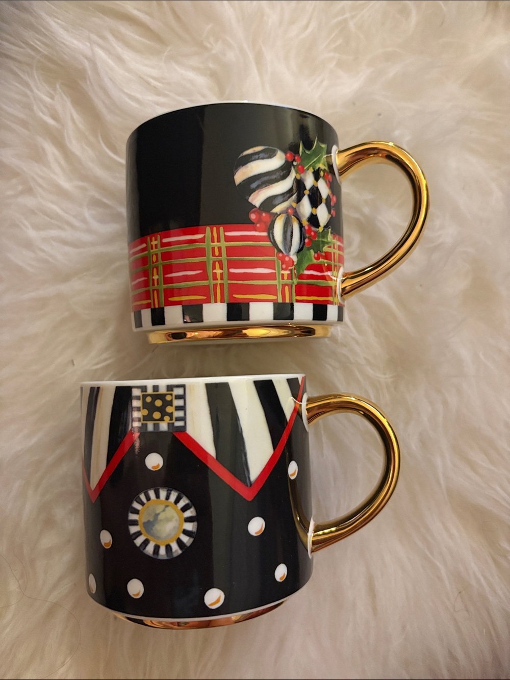 MacKenzie-Childs Black, Red, White & Gold Decorative Mugs - Set of 2